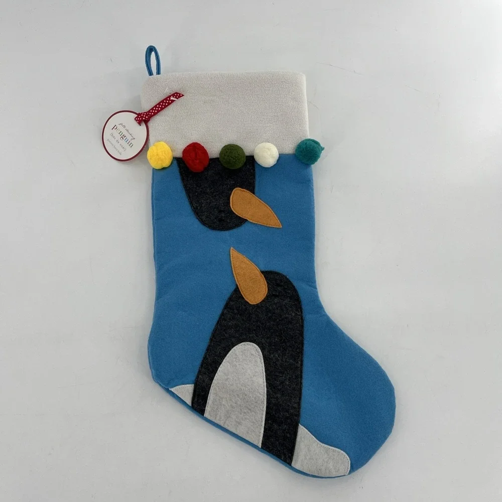 Rare Pottery Barn Felt‎ Christmas Stocking Blue 2 Empire Penguins Snow Poms, 22